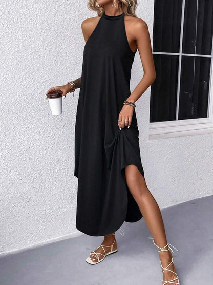 Women's Elegant Halterneck Maxi Dress with Pockets