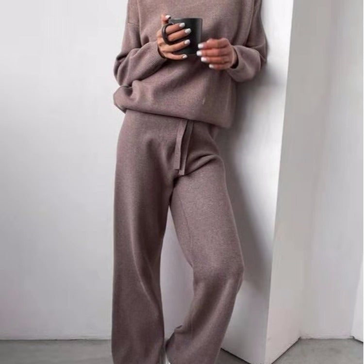 Women's Knitted Lounge Set Wide Leg Trousers Elegant Round Neck