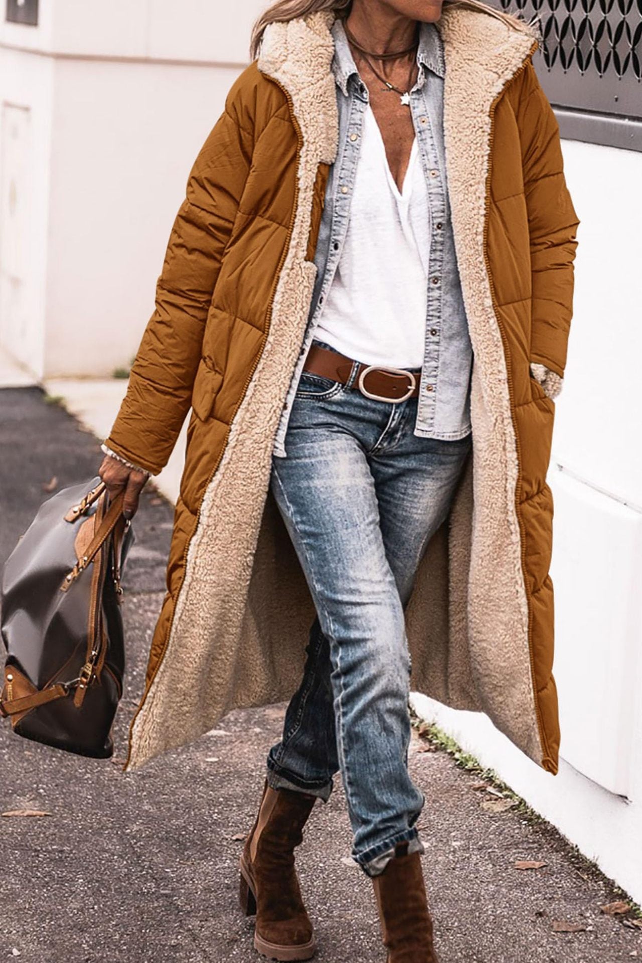 Women's Quilted Long Fleece Winter Jacket