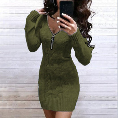 Women's Knitted Dress with Zipper Detail and Textured Pattern