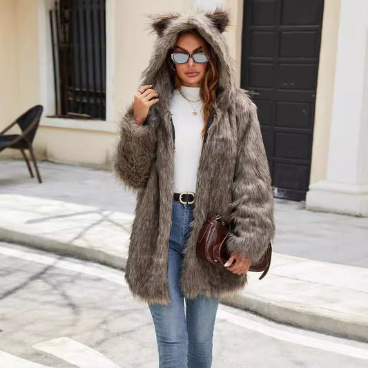 Damen Kunstpelz Jacke Weich Kapuze Winter - IdealeKleiden