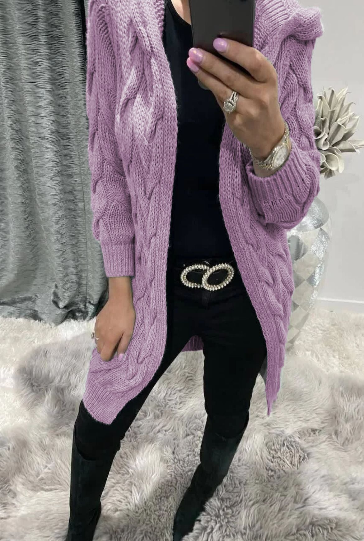 Women's Long Cable Knit Cardigan Elegant Design