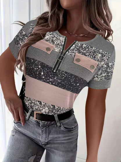 Damen Sporttop Kurzarm mit Reißverschluss und Deko-Bändchen