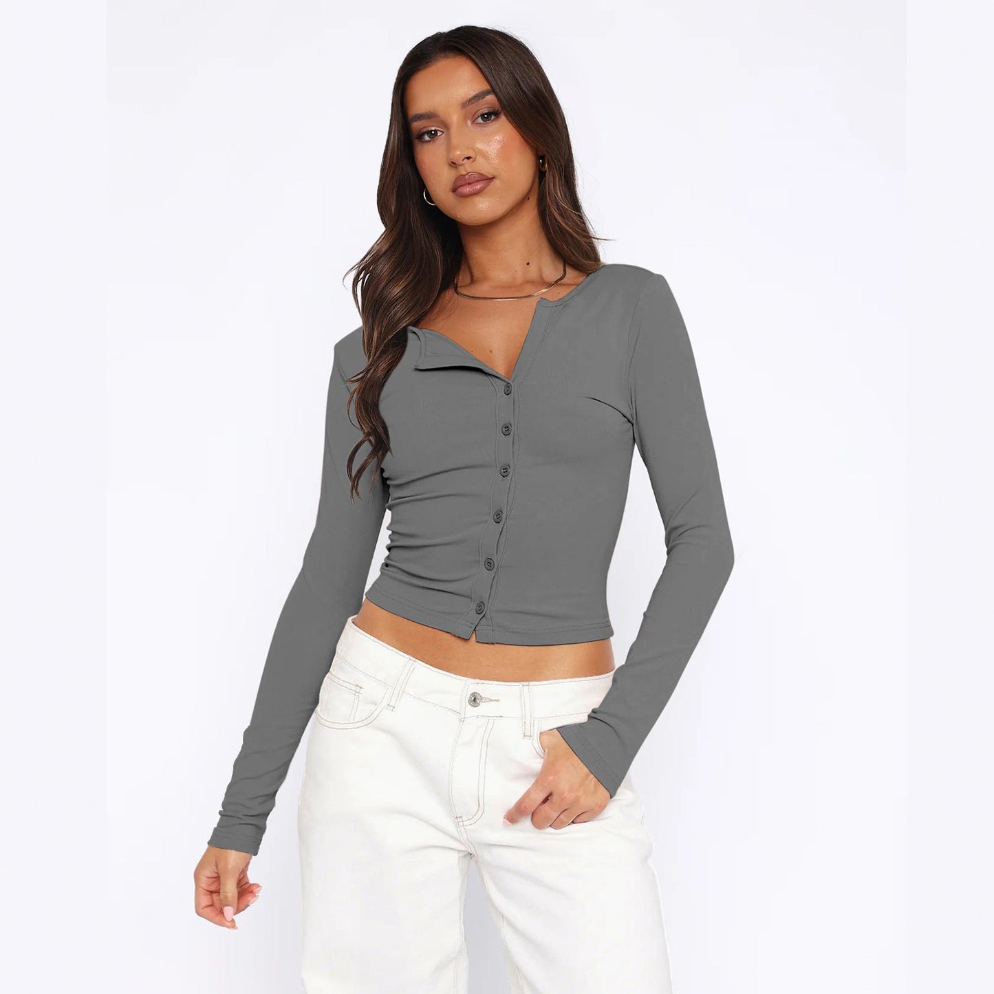 Women's Long-Sleeve Shirt Figure-Hugging Elegant Buttons