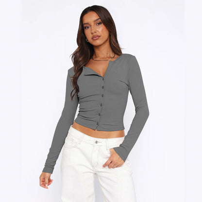 Women's Long-Sleeve Shirt Figure-Hugging Elegant Buttons