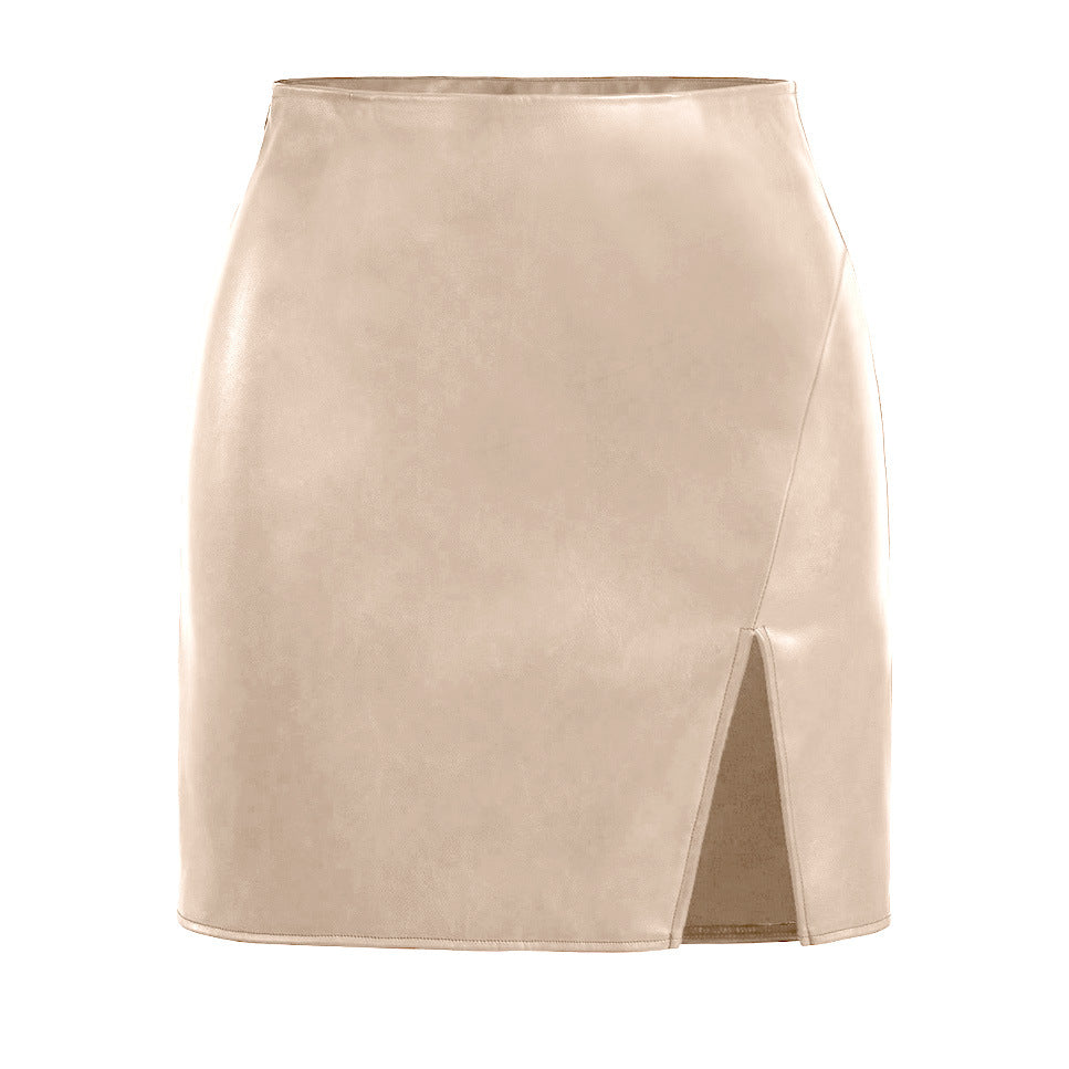 Short women's faux leather skirts with side slit