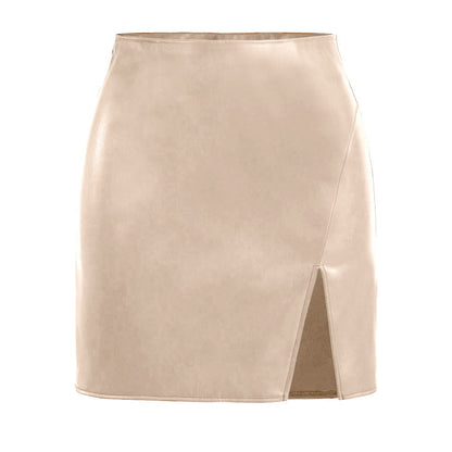 Short women's faux leather skirts with side slit