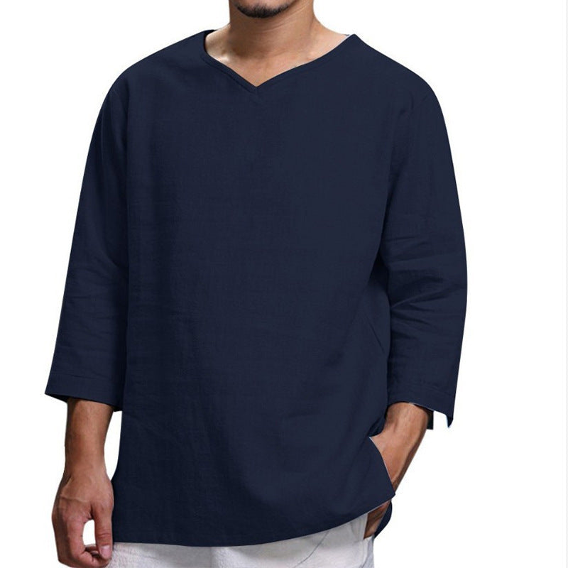 Herren Leinenhemd Sommer V-Ausschnitt Bequem