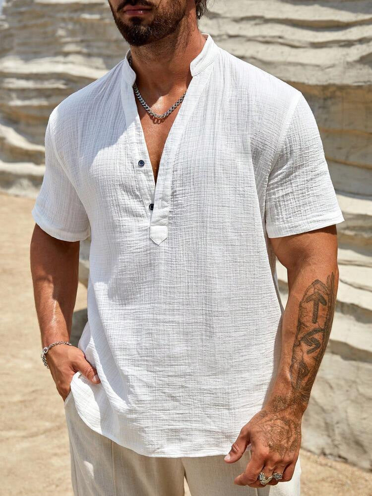 Men's Short Sleeve Shirt Modern Stand-up Collar Lightweight Cotton