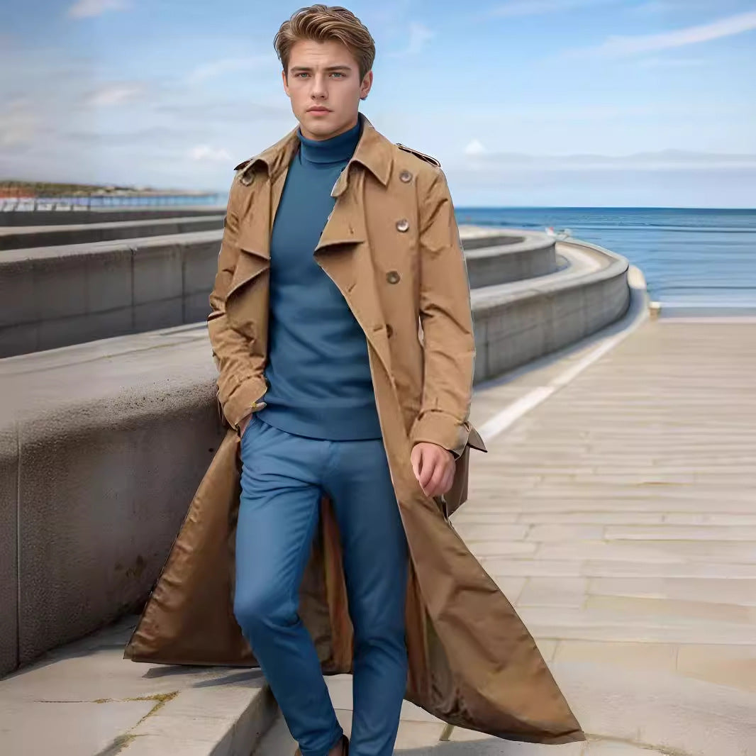 Herren Trenchcoat Lang Elegant Mit Taschen - IdealeKleiden