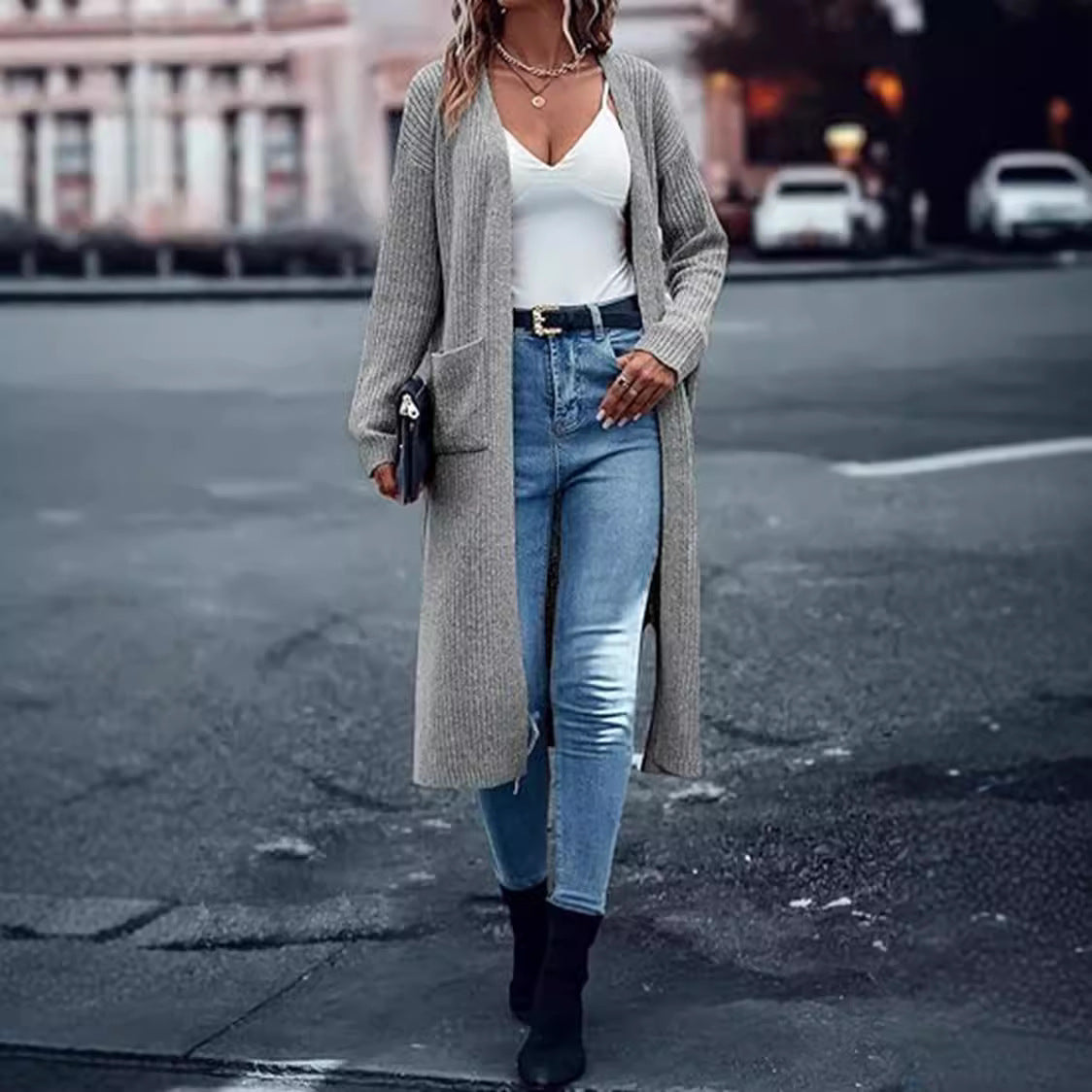 Damen Strickmantel Langärmlig mit Taschen Damenmantel