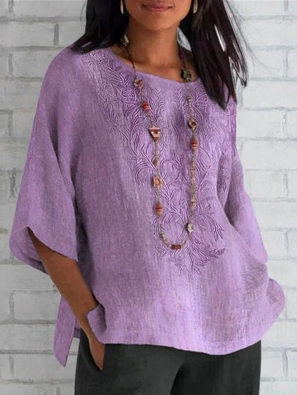Women's Linen Blouse Embroidered Elegant Summer