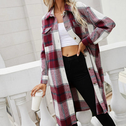 Oversize Shirt Jacket Plaid Mid-length Cotton