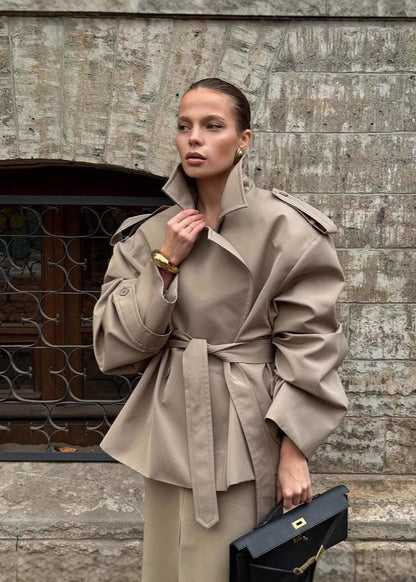 Stylish Cropped Trench Coat with Belt
