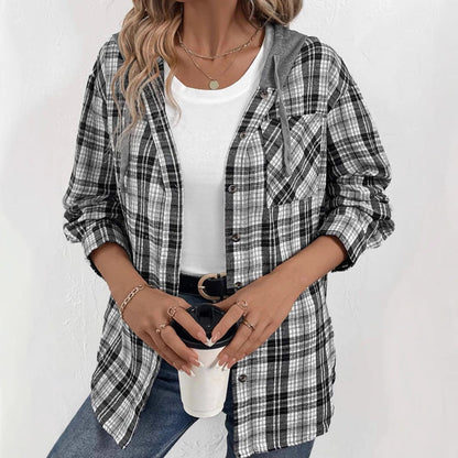 Women's Flannel Jacket Casual Plaid Hooded