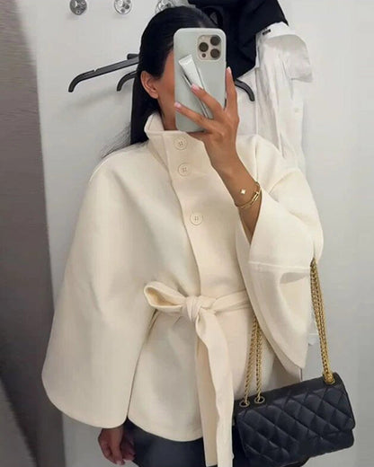 Elegant Wool Coat With Belt Stand-Up Collar