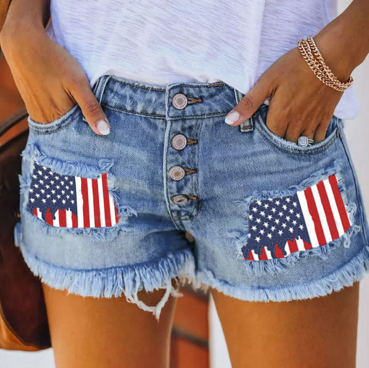 Women's Denim Shorts USA Style Frayed Hem Summer