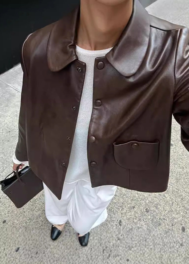 Kurze Lederjacke Damen Stylish Schnalle - IdealeKleiden