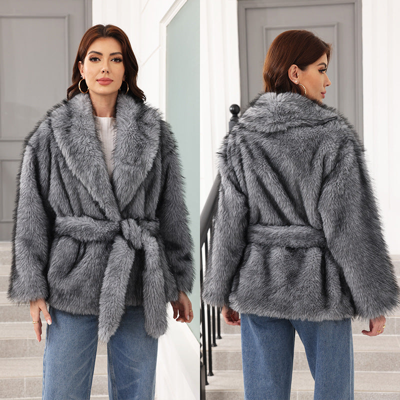 Women's Faux Fur Coat Chic with Belt and Wide Collar
