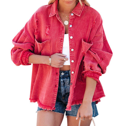 Women's Oversized Denim Blouse with Fringes Trendy Style