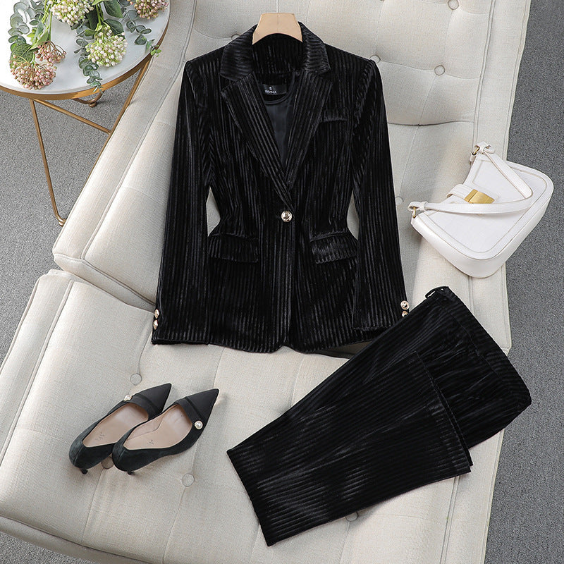 Women's Business Suit Set with Long Velvet Blazer