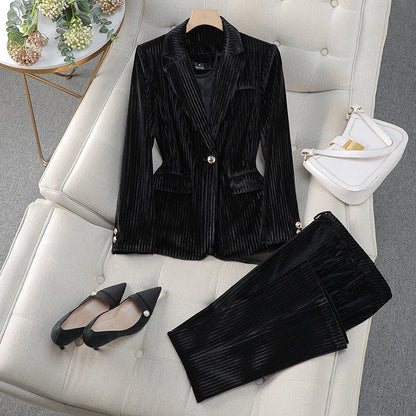 Elegantes Blazer-Kleid Satz, Taillierte Form, Samt Optik