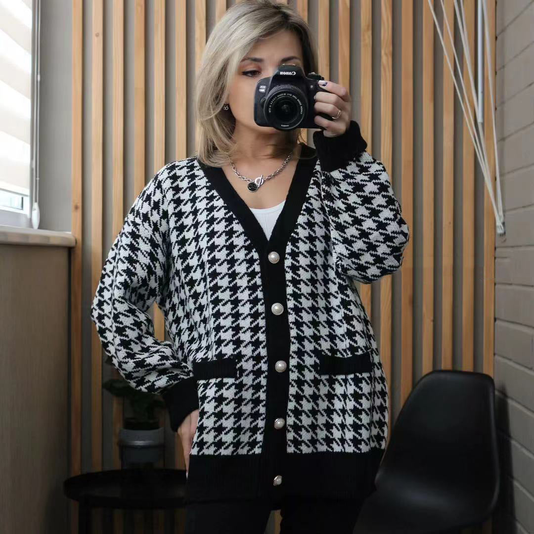 Damen Strickjacke Klassisch Elegantes Hahnentrittmuster - IdealeKleiden