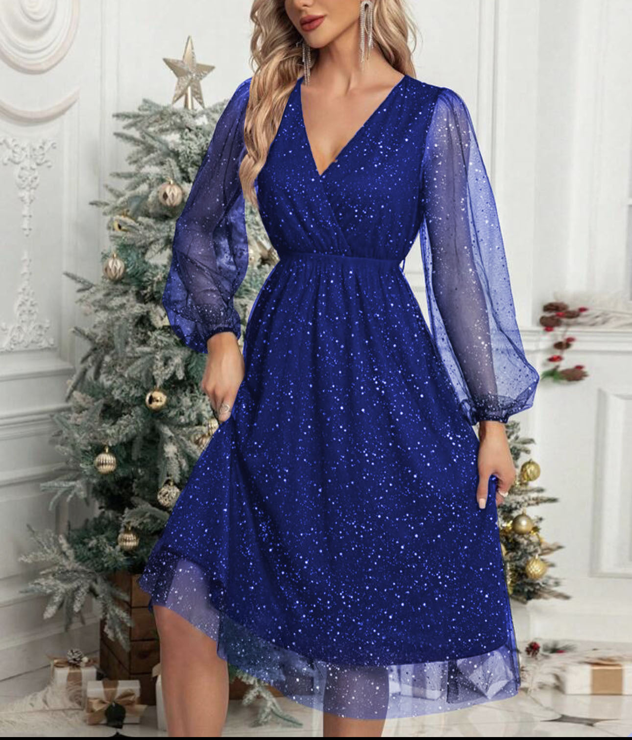 Women's Party Dress Glitter Puff Sleeve Evening Gown Elegant