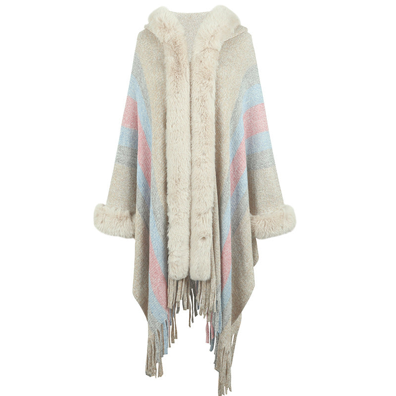Women's Long Poncho Luxury Faux Fur Collar