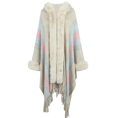 Women's Long Poncho Luxury Faux Fur Collar