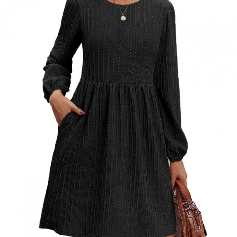 Women's A-Line Dress with Puff Sleeves Elegant Ribbed Knit Design
