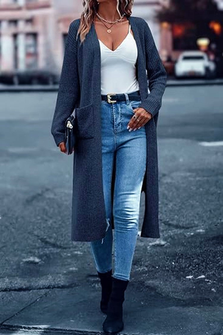 Damen Strickmantel Langärmlig mit Taschen Damenmantel