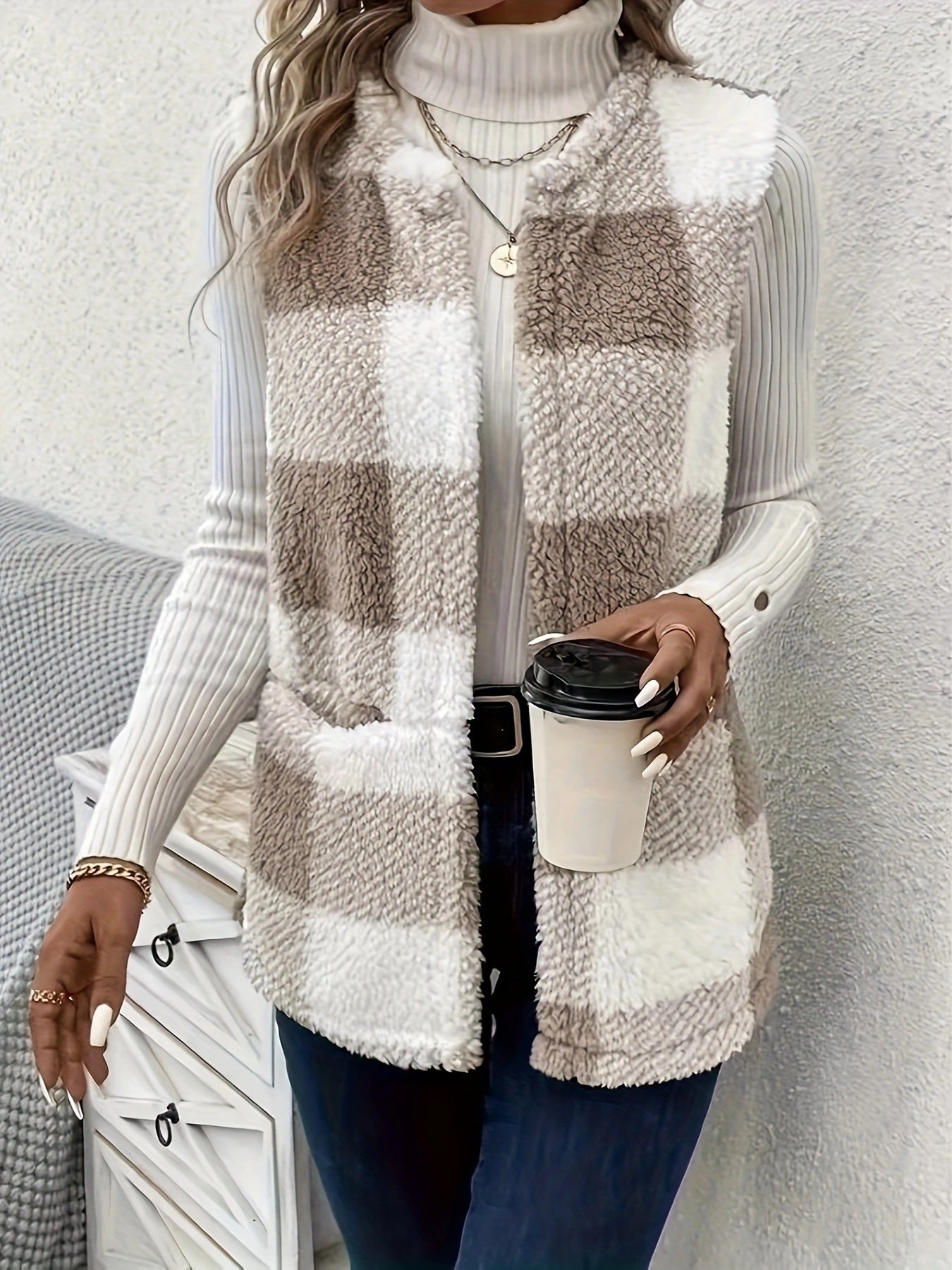 Women's Plaid Fluffy Vest with Pockets