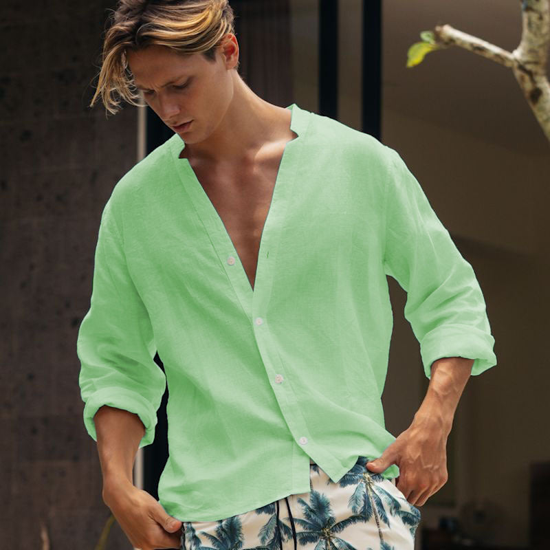 Men's Relaxed Fit Linen Shirt Button Fastening