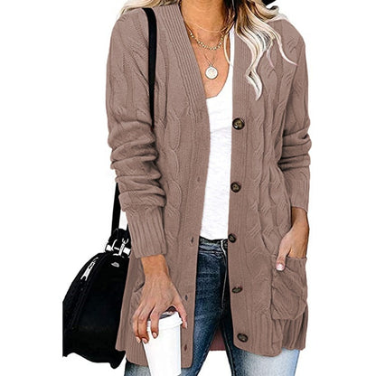 Women's Chunky Knit Cardigan with Buttons and Pockets