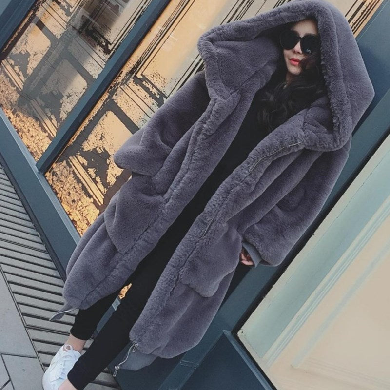 Oversized Women's Coat Faux Fur Hood & Pockets