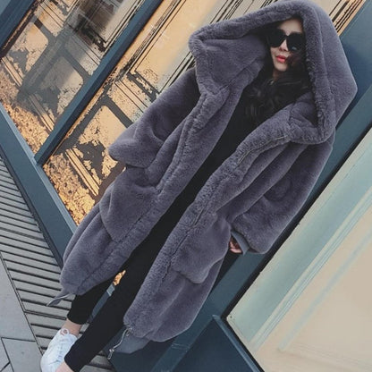 Oversized Women's Coat Faux Fur Hood & Pockets