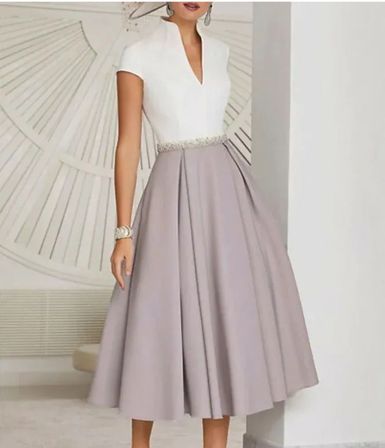 Elegant women's dress High-neck collar Swing skirt