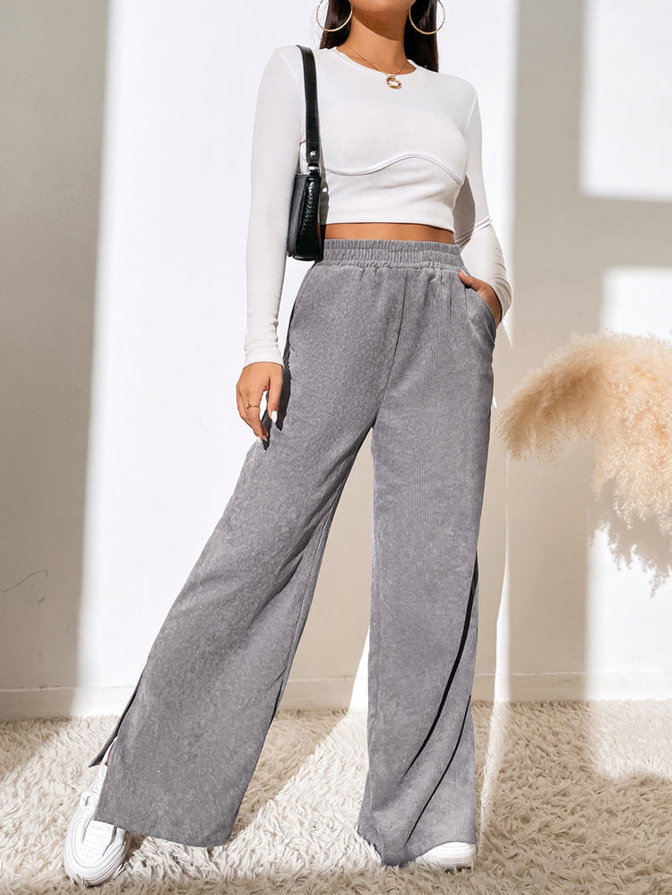 Women's Corduroy Wide Leg Trousers with Slits Elastic