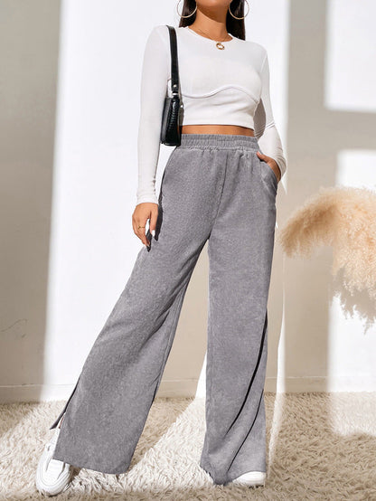 Women's Corduroy Wide Leg Trousers with Slits Elastic