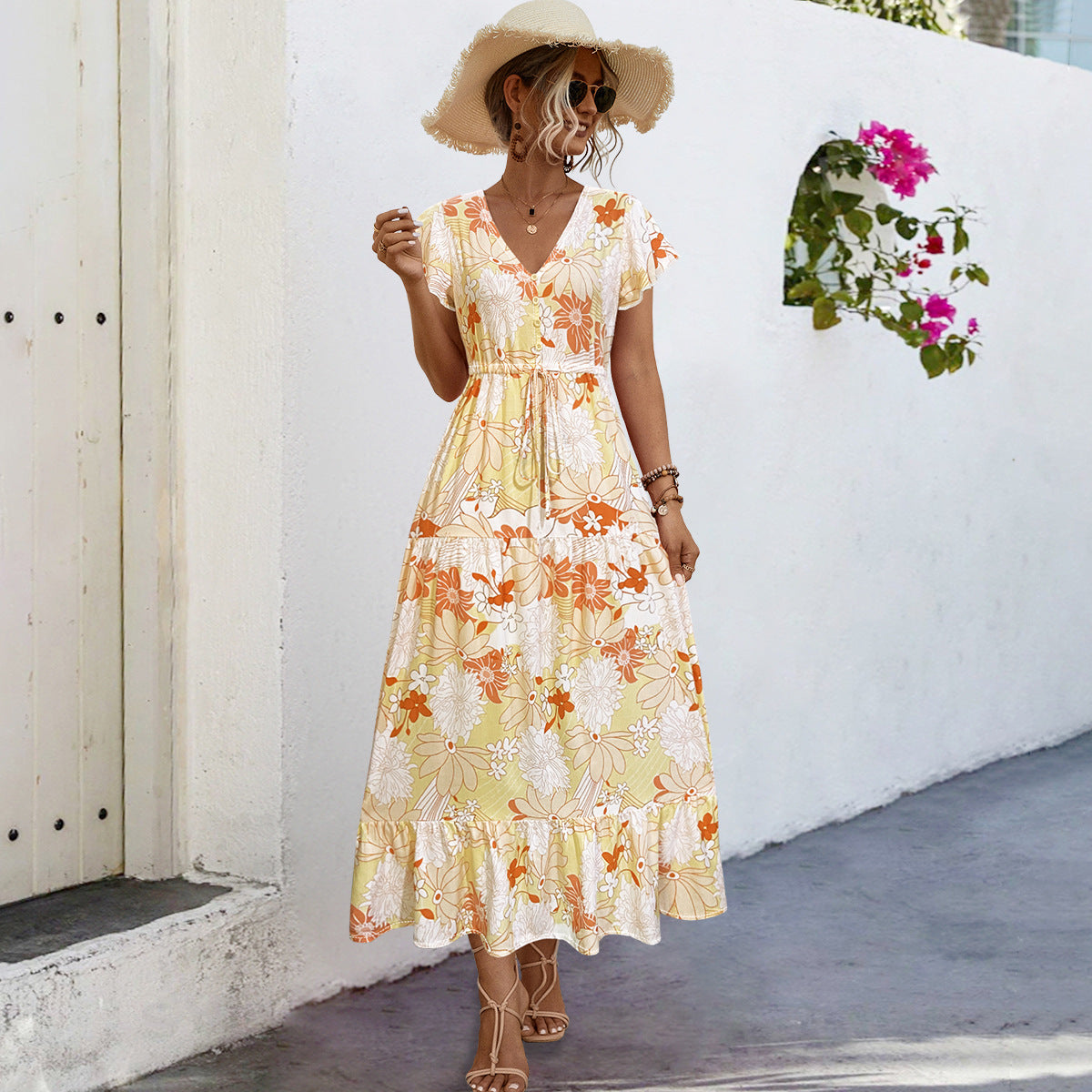 Sommer Maxikleid Damen Blumenmuster Elegant - IdealeKleiden