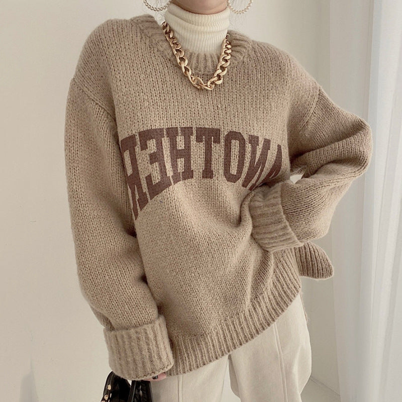 Women's Oversized Sweater Large Logo Trendy Knit Pattern