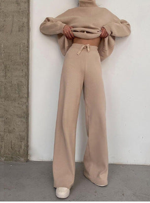 Women's Elegant High-Neck Knitted Wide-Leg Suit