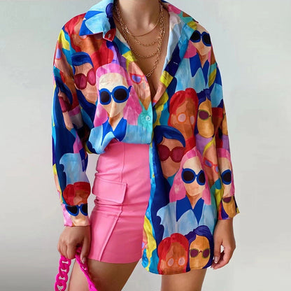 Damen Oversized Bluse Bunt Grafikdruck - IdealeKleiden