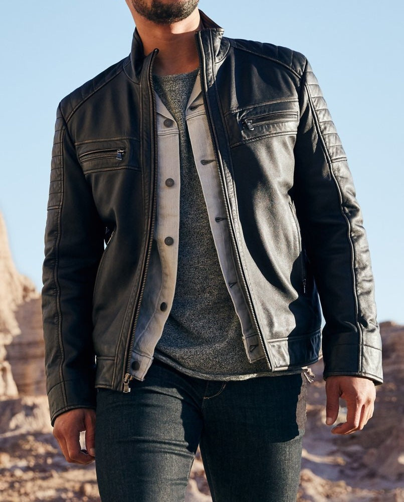 Men's Leather Biker Jacket with Functional Pockets