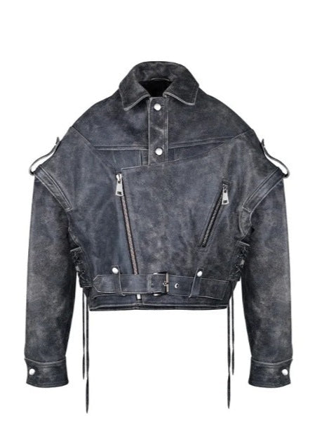 Leather Biker Jacket Worn-Out Lacing