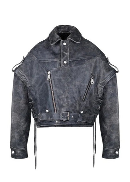 Leather Biker Jacket Worn-Out Lacing