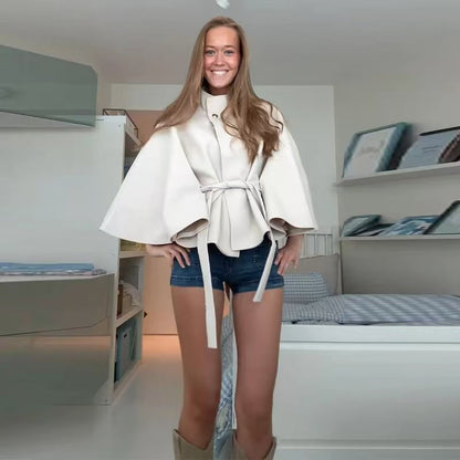 Women's Cape Jacket Elegant Tie Belt High Neck