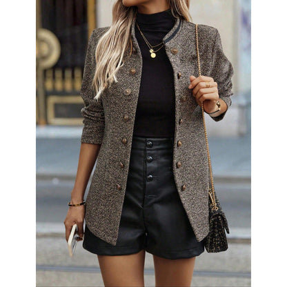 Elegant Long Coat Tailored Wool Fabric Stand-Up Collar