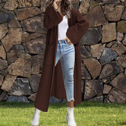 Women's Oversized Knit Cardigan with Pockets and Asymmetric Shoulders